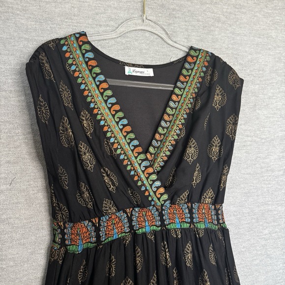 Boho India Maxi Dress Lapogee Womens Size Large Black Sleeveless Ethnic Peacock - Picture 3 of 9